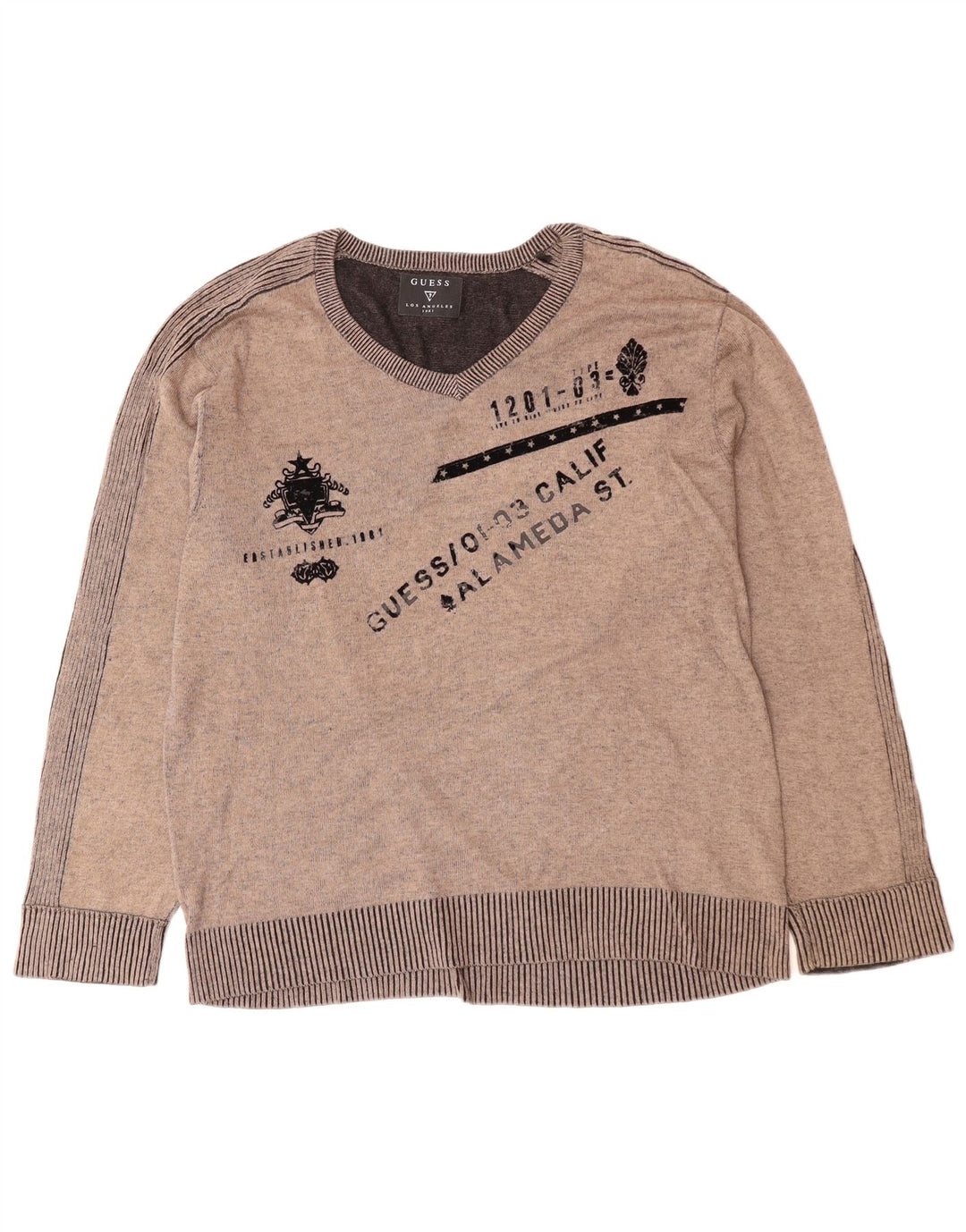 GUESS Mens Graphic V-Neck Jumper Sweater XL Grey