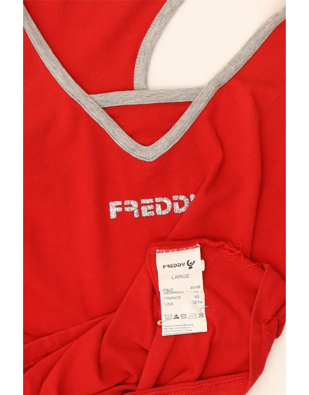 FREDDY Womens Graphic Vest Top UK 14 Large Red Cotton Vintage Freddy and Second-Hand Freddy from Messina Hembry 