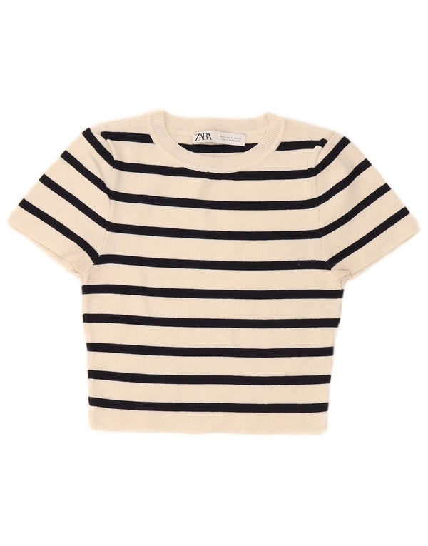 Zara Womens Crop T-Shirt Top UK 8 Small Off White Striped Viscose