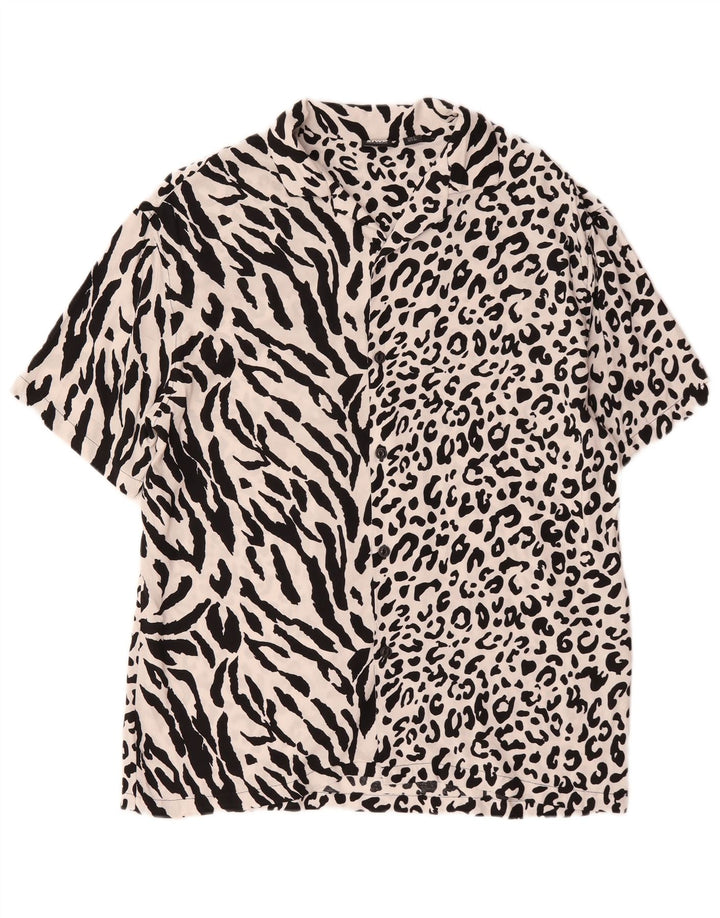 Pull & Bear Mens STWD Short Sleeve Shirt Large White Animal Print Viscose