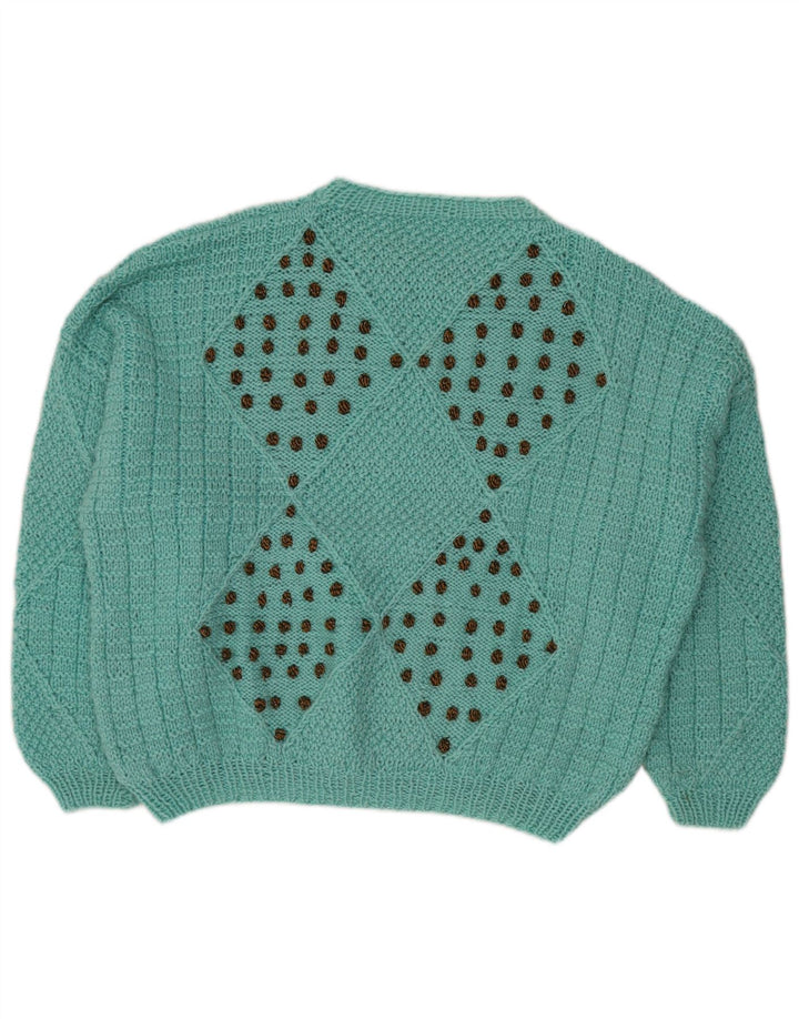VINTAGE Womens Crew Neck Jumper Sweater UK 18 XL Turquoise Argyle/Diamond