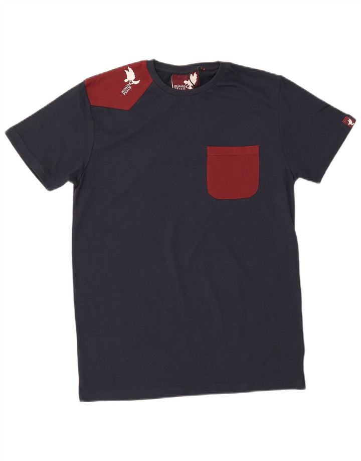MISSING PEACE Mens Graphic T-Shirt Top Small Navy Blue Colourblock Cotton