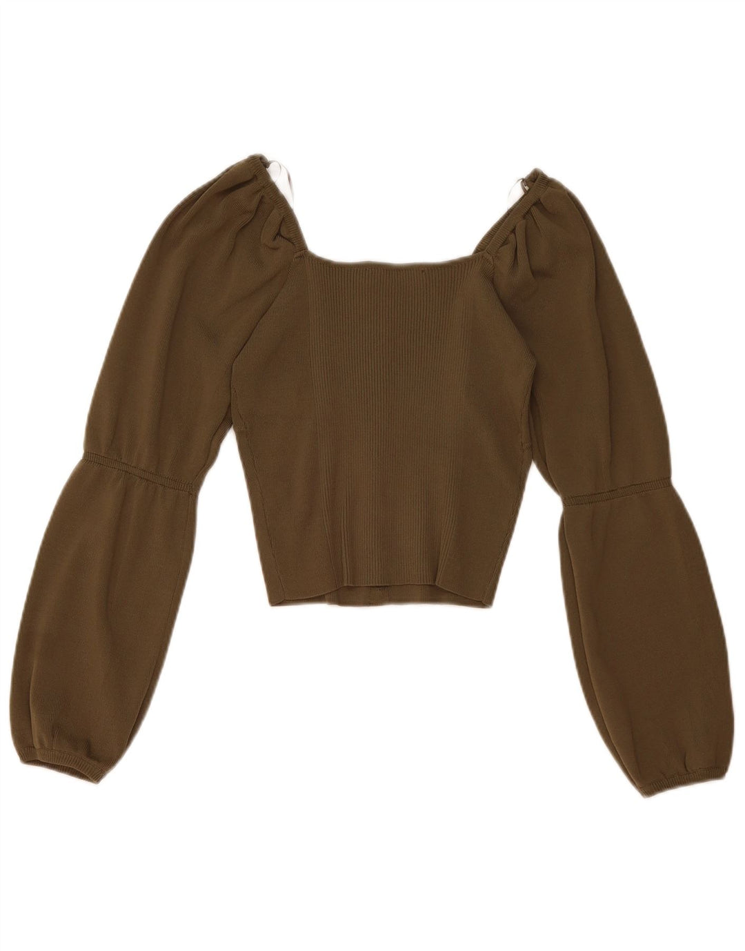 Zara Womens Long Sleeve Crop Off Shoulder Top UK 12 Medium Khaki Nylon