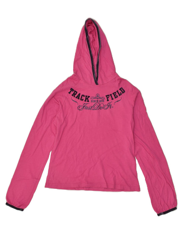 NIKE Girls Hooded Graphic Top Long Sleeve 13-14 Years XL Pink Cotton