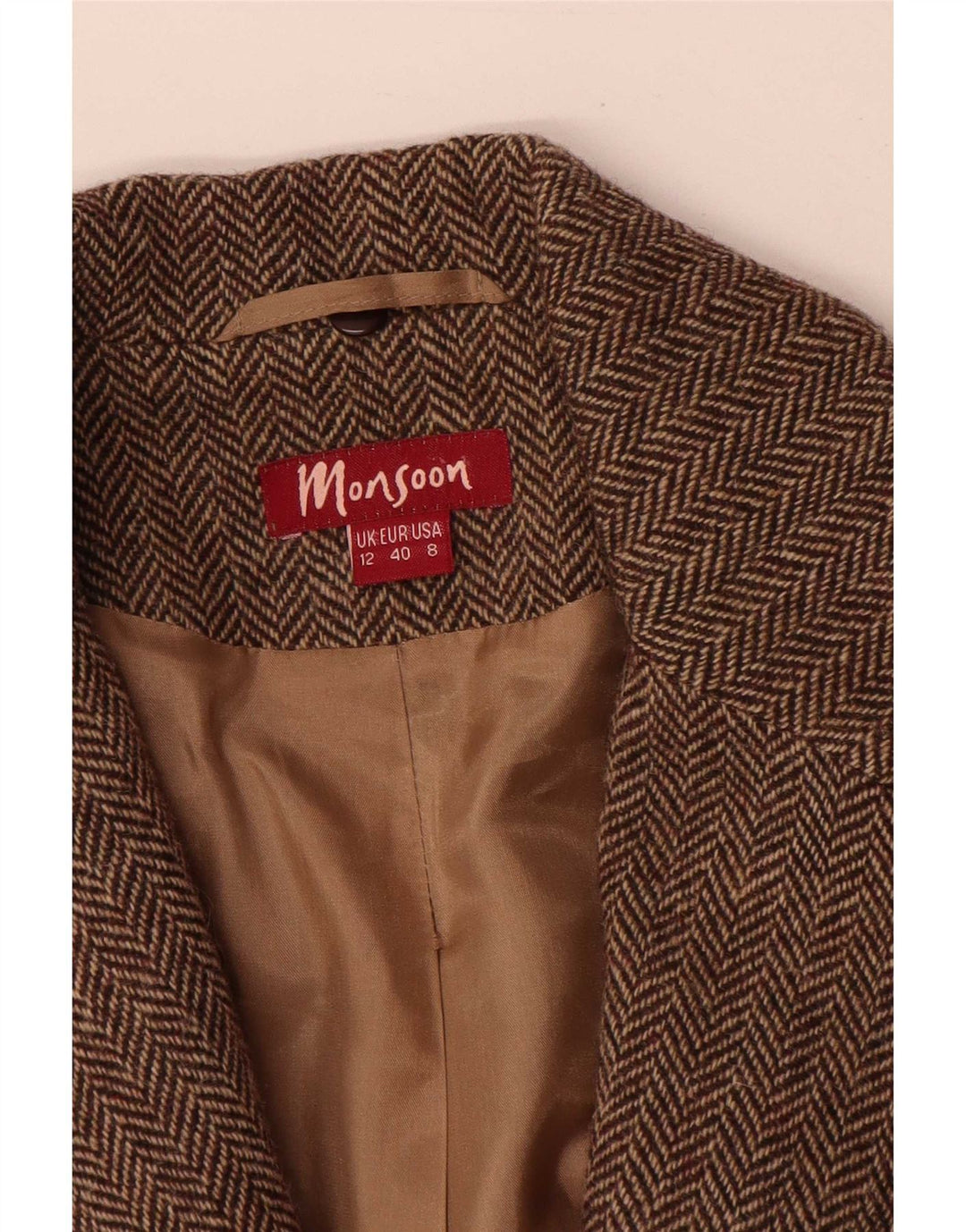 Monsoon Womens 2 Button Blazer Jacket UK 12 Medium Brown Herringbone Wool