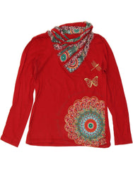 DESIGUAL Womens Graphic Long Sleeve Blouse Top UK 10 Small Red Cotton