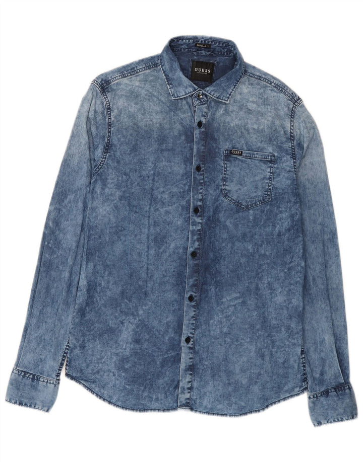 Guess Mens Acid Wash Regular Fit Denim Shirt Medium Blue Cotton
