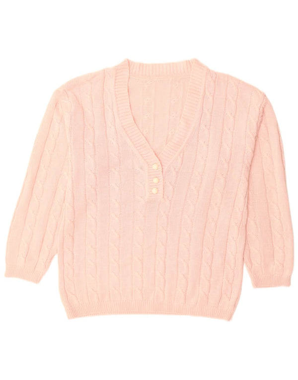 Vintage Womens V-Neck Jumper Sweater UK 16 Large Pink Cotton