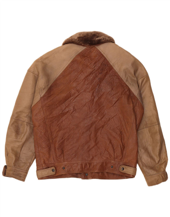 Vintage Mens Leather Jacket IT 50 Large Brown Colourblock Leather