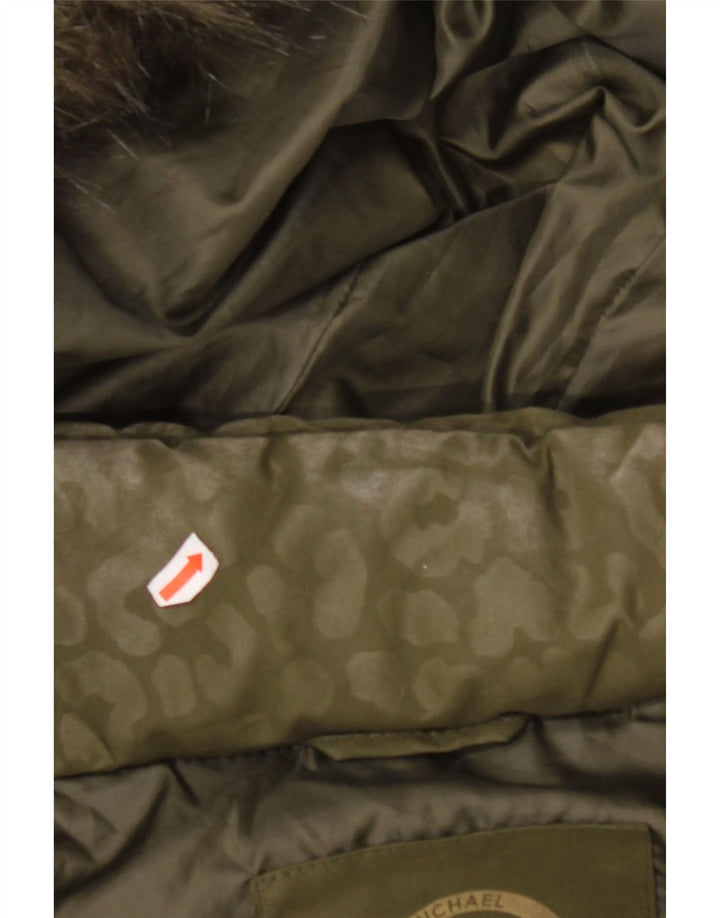 MICHAEL KORS Womens Hooded Padded Coat UK 14 Medium Khaki Animal Print