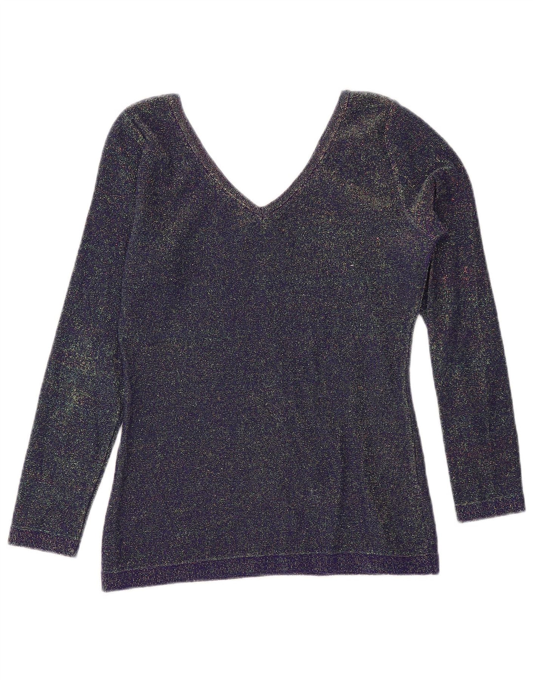BENETTON Womens Crop V-Neck Jumper Sweater UK 10 Small Navy Blue Flecked