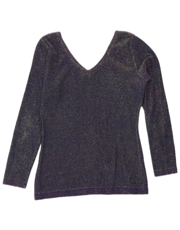 BENETTON Womens Crop V-Neck Jumper Sweater UK 10 Small Navy Blue Flecked