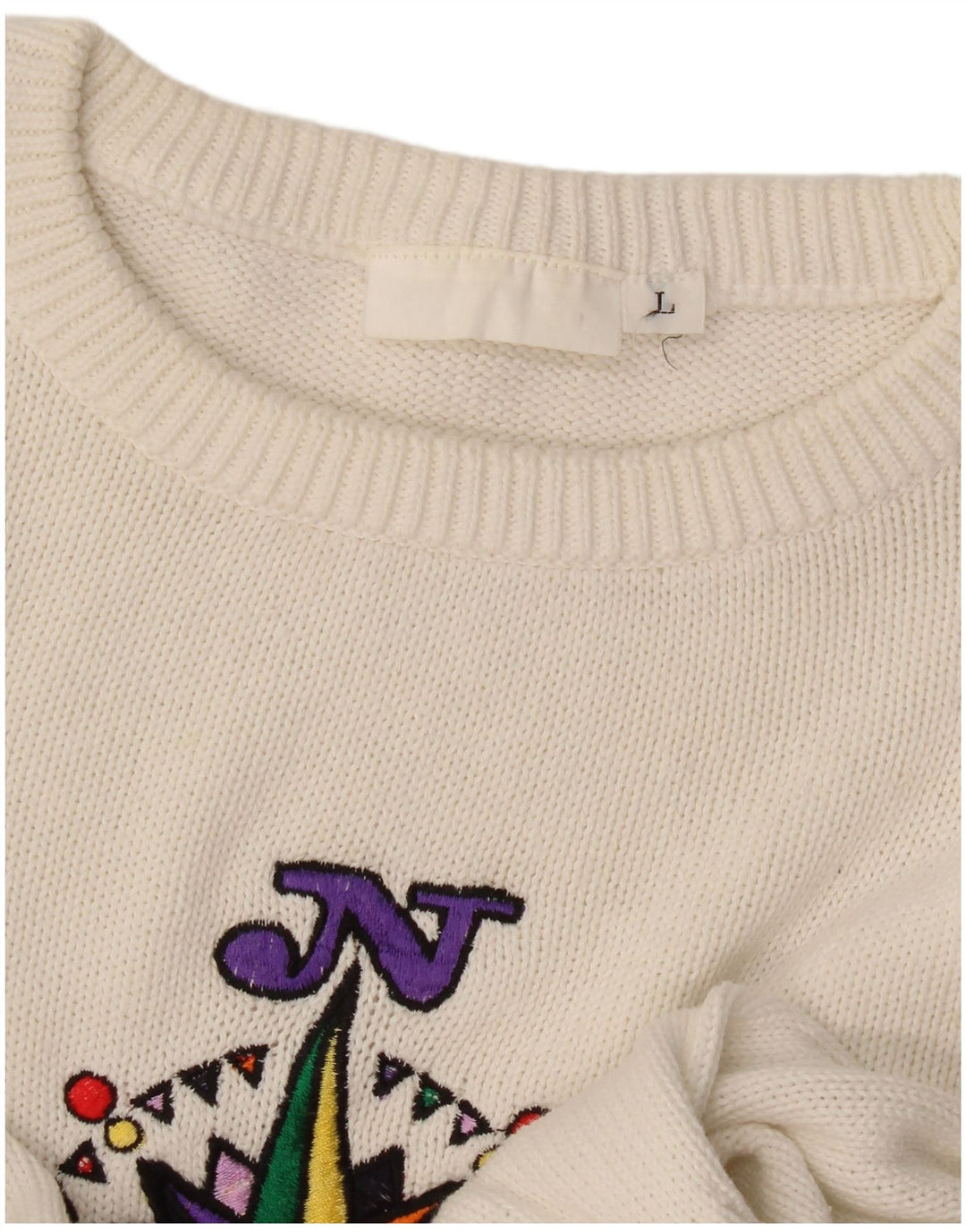 Vintage Womens Graphic Oversized Crew Neck Jumper Sweater UK 16 Large White