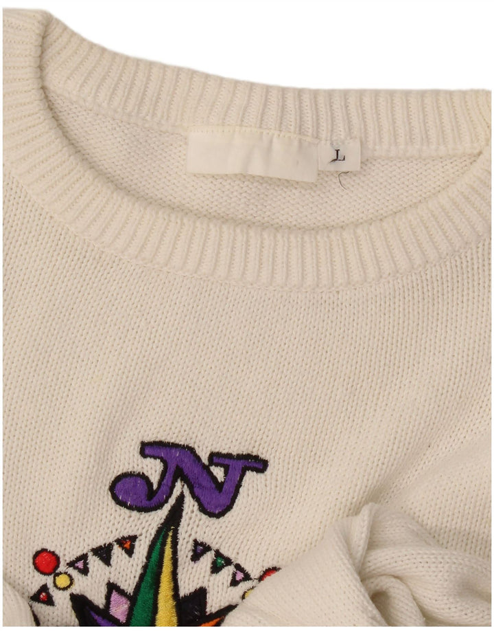 Vintage Womens Graphic Oversized Crew Neck Jumper Sweater UK 16 Large White