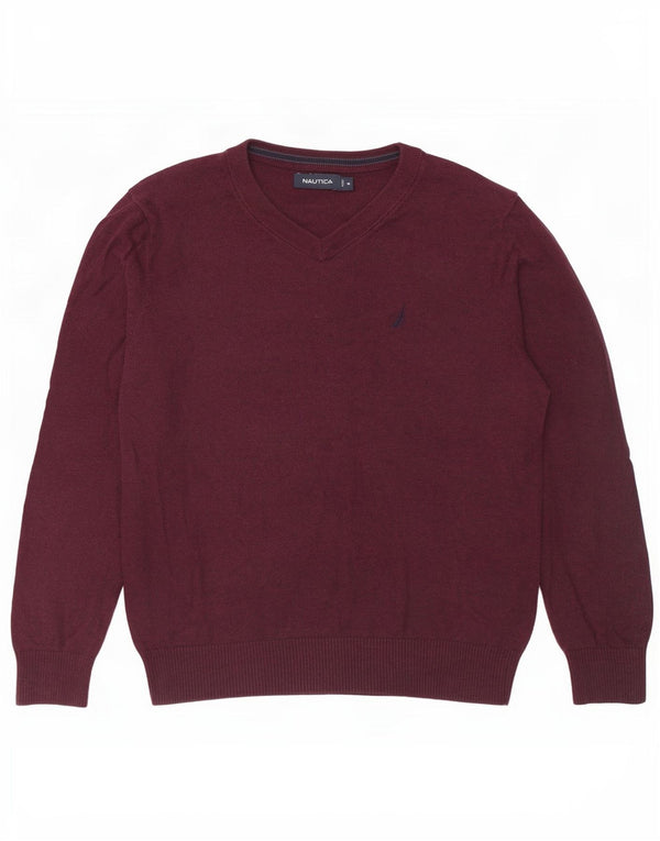 Nautica Womens Oversized V-Neck Jumper Sweater UK 14 Medium Burgundy Cotton