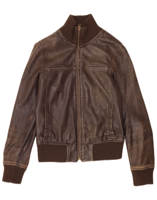 Sisley Womens Bomber Leather Jacket UK 6 XS Brown Leather