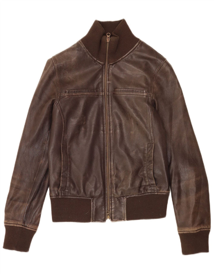 Sisley Womens Bomber Leather Jacket UK 6 XS Brown Leather