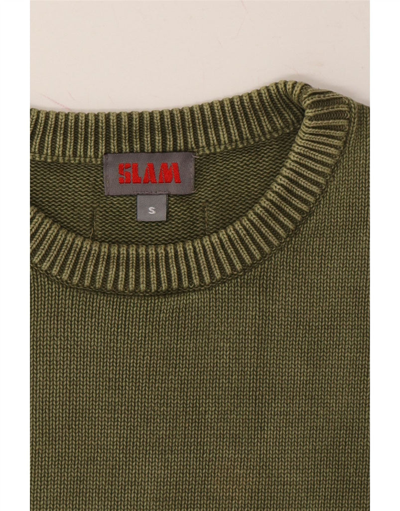 SLAM Mens Graphic Crew Neck Jumper Sweater Small Khaki Cotton Vintage Slam and Second-Hand Slam from Messina Hembry 