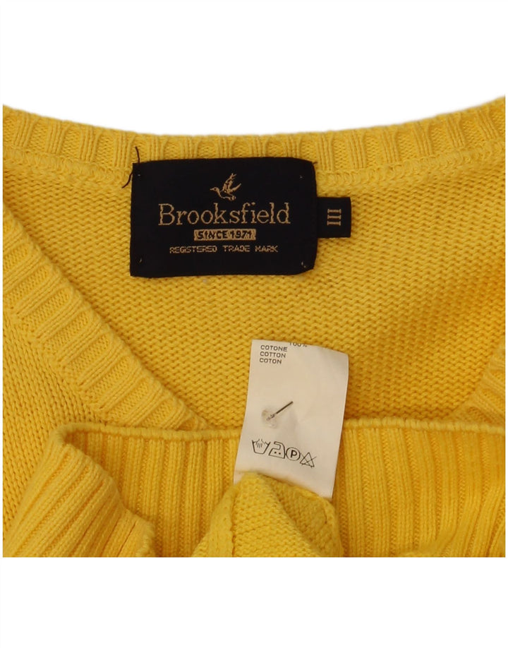 Brooksfield Mens V-Neck Jumper Sweater Medium Yellow Cotton