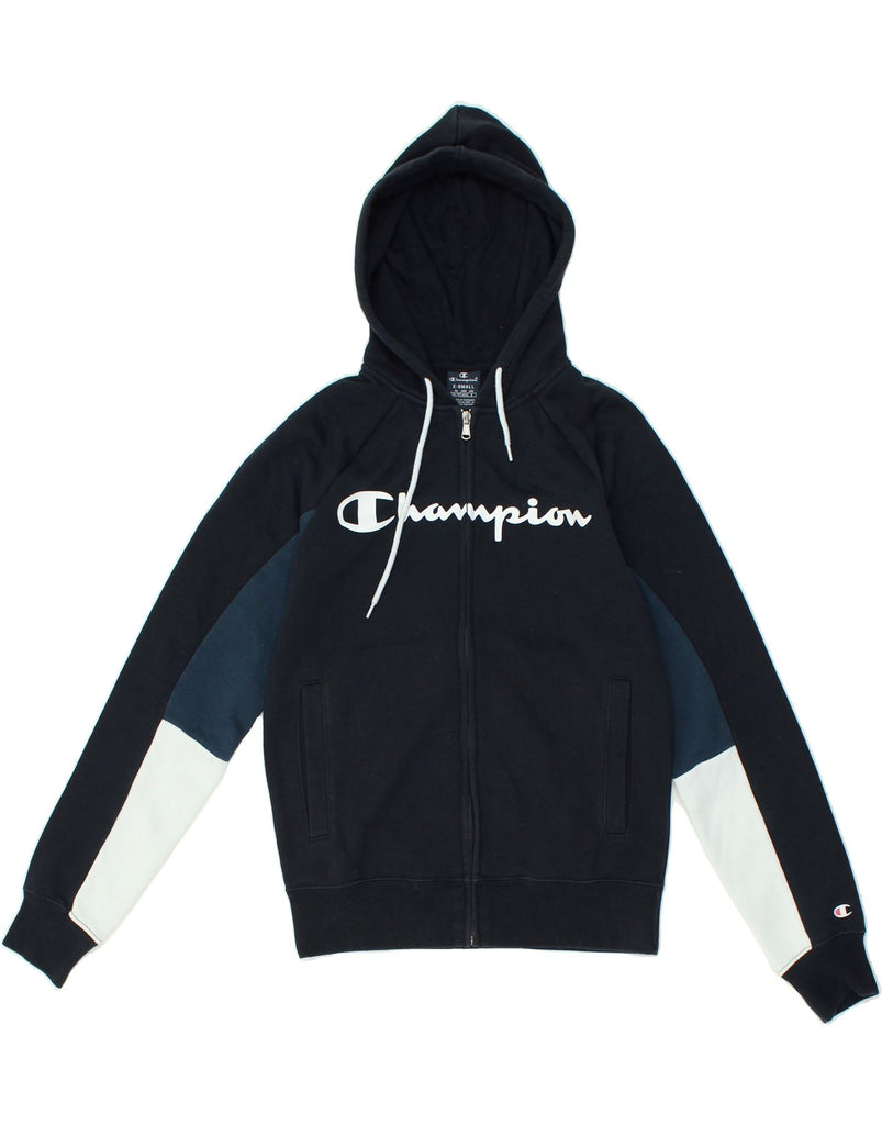 CHAMPION Mens Graphic Zip Hoodie Sweater XS Navy Blue Cotton | Vintage Champion | Thrift | Second-Hand Champion | Used Clothing | Messina Hembry 