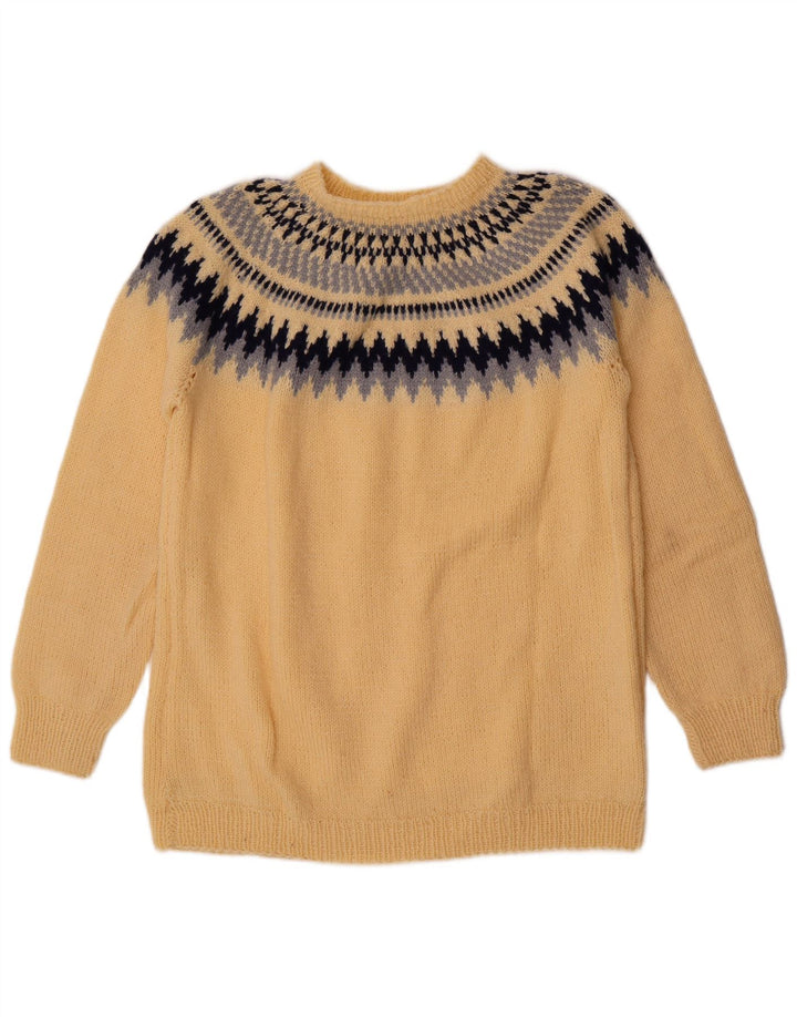 Vintage Mens Crew Neck Jumper Sweater Medium Yellow Fair Isle