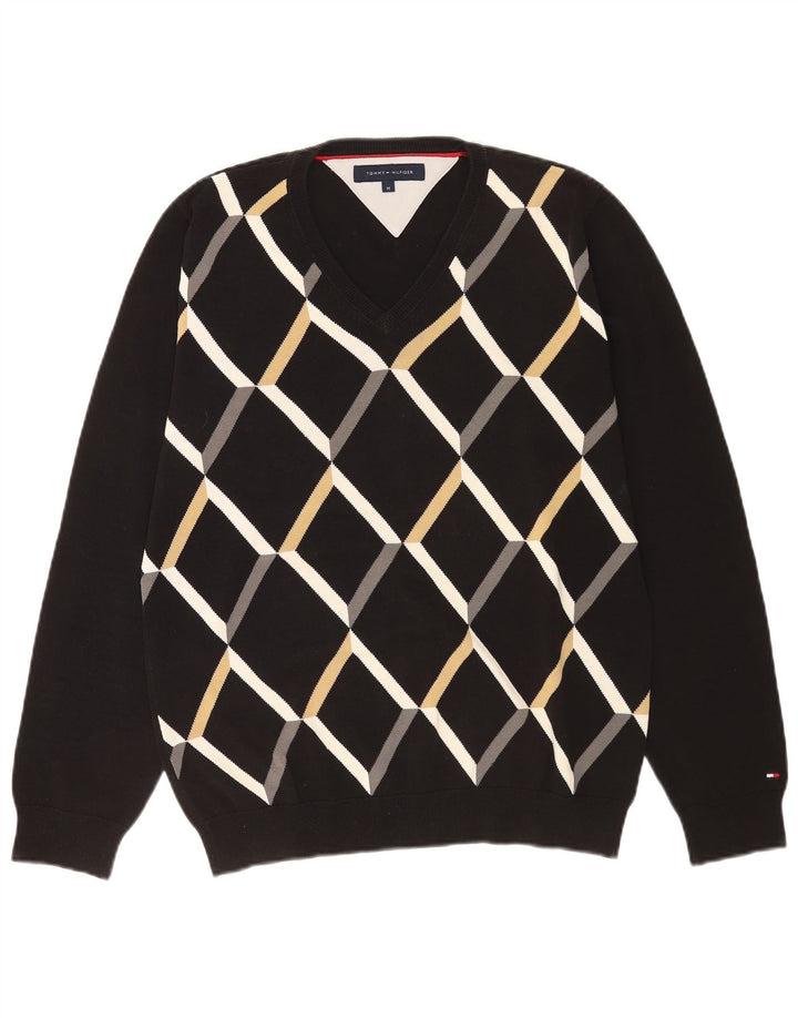 Tommy Hilfiger Mens V-Neck Jumper Sweater Medium Black Argyle/Diamond