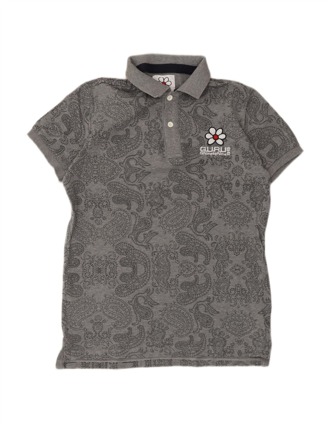 GURU Mens Polo Shirt Medium Grey Paisley Cotton
