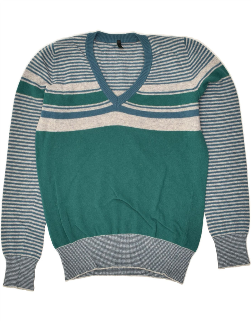 BENETTON Mens V-Neck Jumper Sweater Small Green Striped | Vintage Benetton | Thrift | Second-Hand Benetton | Used Clothing | Messina Hembry 