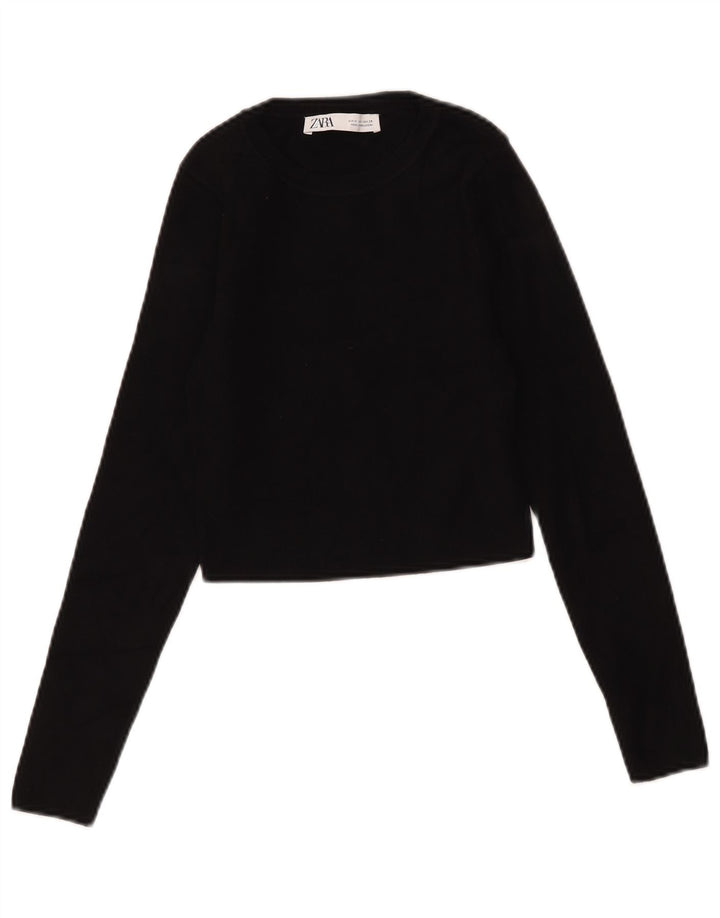 Zara Womens Crop Top Long Sleeve UK 12 Medium Black