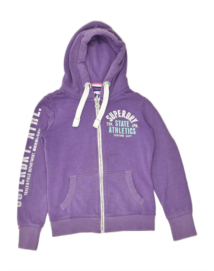 SUPERDRY Womens Graphic Zip Hoodie Sweater UK 10 Small Purple Cotton Vintage Superdry and Second-Hand Superdry from Messina Hembry 