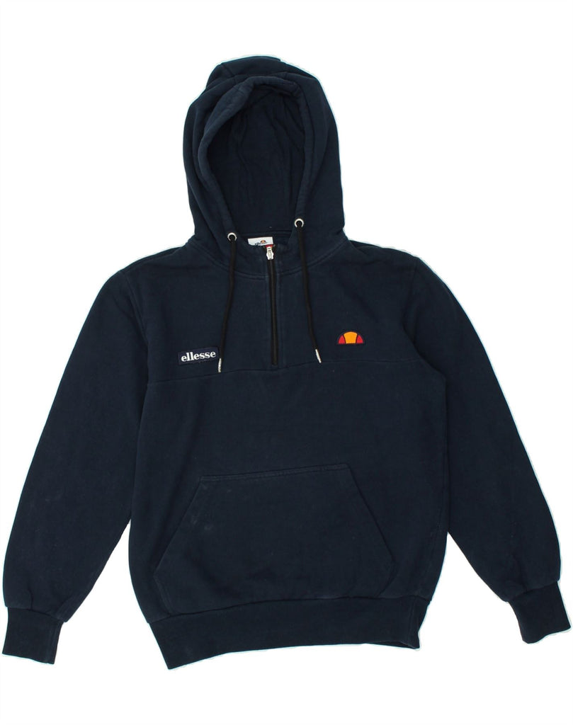 ELLESSE Womens Graphic Zip Neck Hoodie Jumper UK 14 Medium Navy Blue | Vintage Ellesse | Thrift | Second-Hand Ellesse | Used Clothing | Messina Hembry 