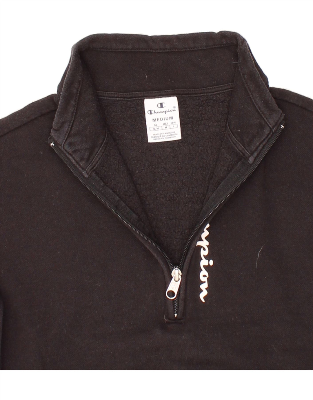 CHAMPION Womens Crop Graphic Zip Neck Sweatshirt Jumper UK 14 Medium Black Vintage Champion and Second-Hand Champion from Messina Hembry 