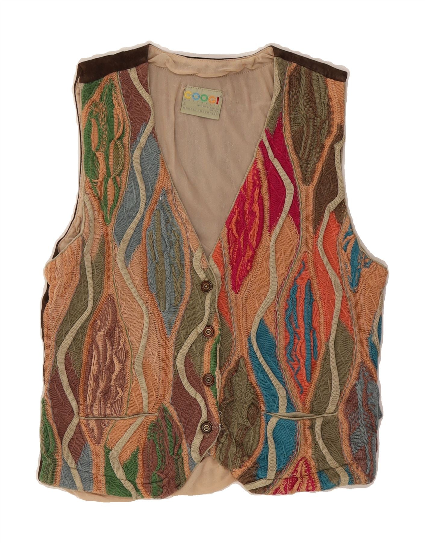 COOGI Womens Knit Waistcoat UK 16 Large Multicoloured Patchwork Cotton Vintage Coogi and Second-Hand Coogi from Messina Hembry 