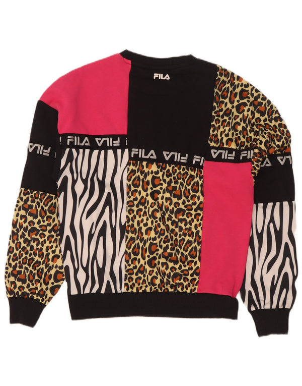 Fila Womens Graphic Sweatshirt Jumper UK 6 XS Black Animal Print