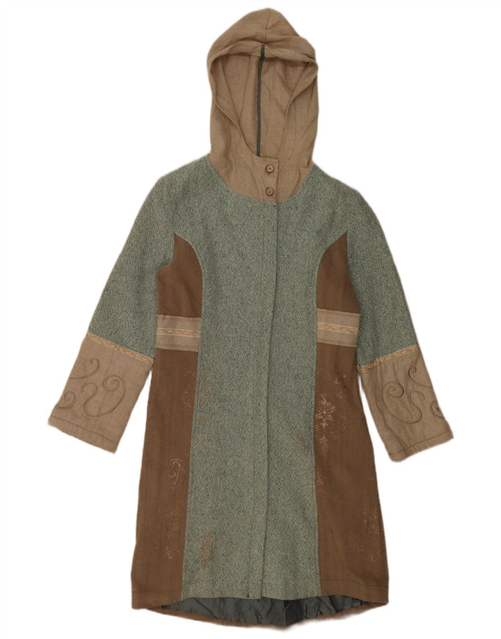Vintage Womens Hooded Overcoat UK 10 Small Brown Colourblock