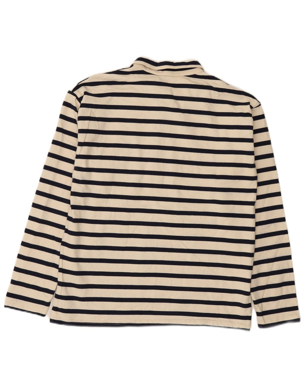 Zara Mens Long Sleeve Polo Shirt Medium Off White Striped Cotton