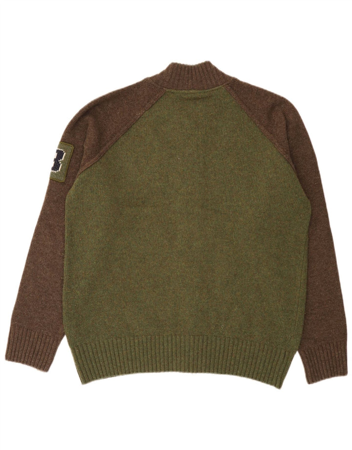 Woolrich Mens Graphic Cardigan Sweater Large Green Colourblock Wool