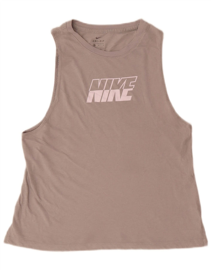 NIKE Womens Dri Fit Graphic Vest Top UK 14 Medium Grey Cotton