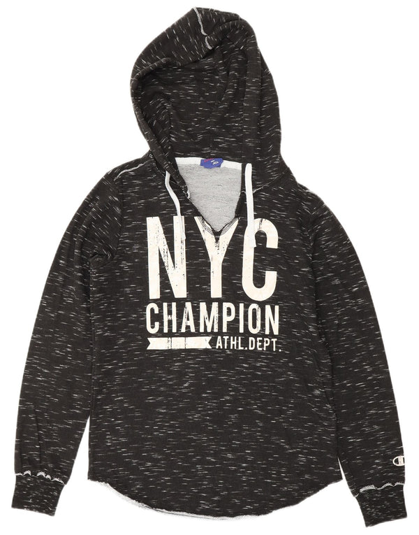 CHAMPION Womens Graphic Hoodie Jumper UK 10 Small Black Flecked