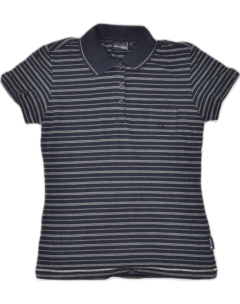 CHAMPION Womens Polo Shirt UK 14 Large Navy Blue Striped Cotton | Vintage Champion | Thrift | Second-Hand Champion | Used Clothing | Messina Hembry 