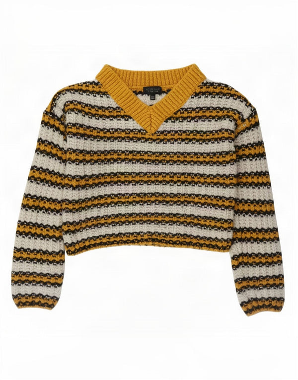 Topshop Womens Crop V-Neck Jumper Sweater UK 10 Small Yellow Striped
