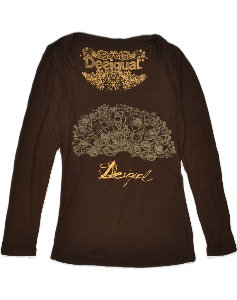 DESIGUAL Womens Graphic Top Long Sleeve UK 6 XS  Brown | Vintage Desigual | Thrift | Second-Hand Desigual | Used Clothing | Messina Hembry 