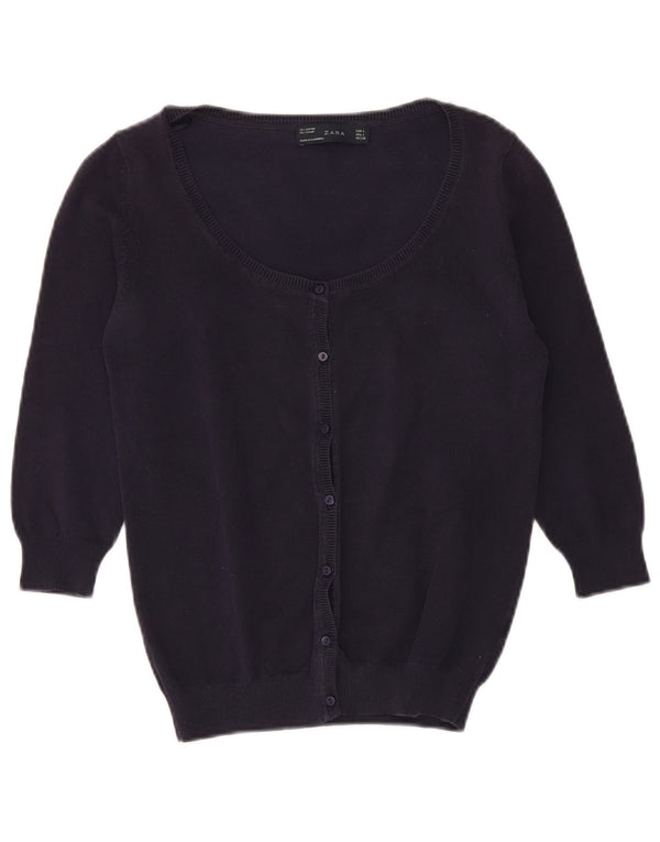 Zara Womens 3/4 Sleeve Cardigan Sweater UK 14 Large Navy Blue Cotton