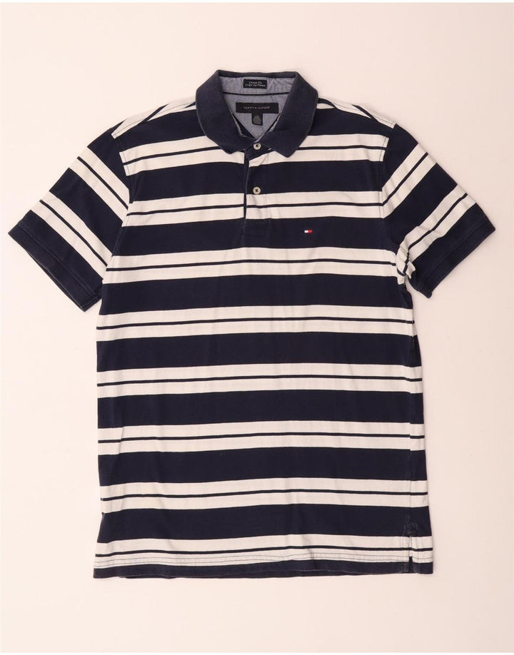 Tommy Hilfiger Mens Custom Fit Polo Shirt Large Navy Blue Striped Cotton