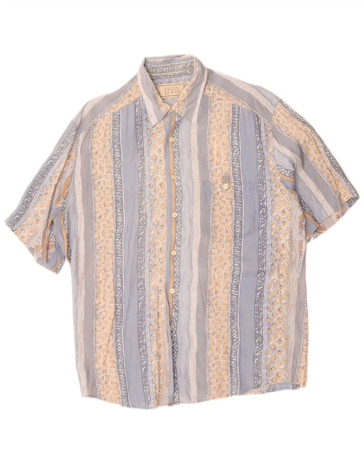 GREEN LEAVES Mens Short Sleeve Shirt Large Blue Geometric Viscose