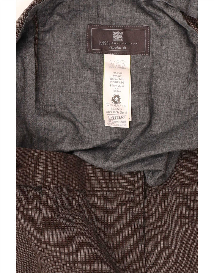 Marks & Spencer Mens Regular Fit Suit Trousers W34 L33 Brown Check