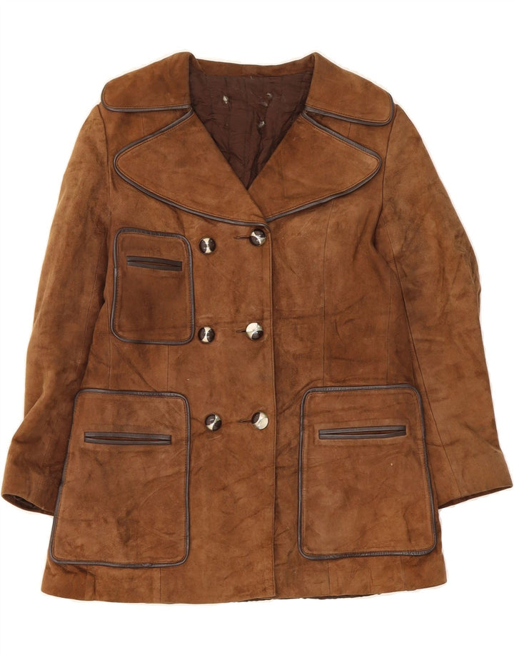 VINTAGE Womens Double Breasted Suede Jacket UK 10 Small Brown