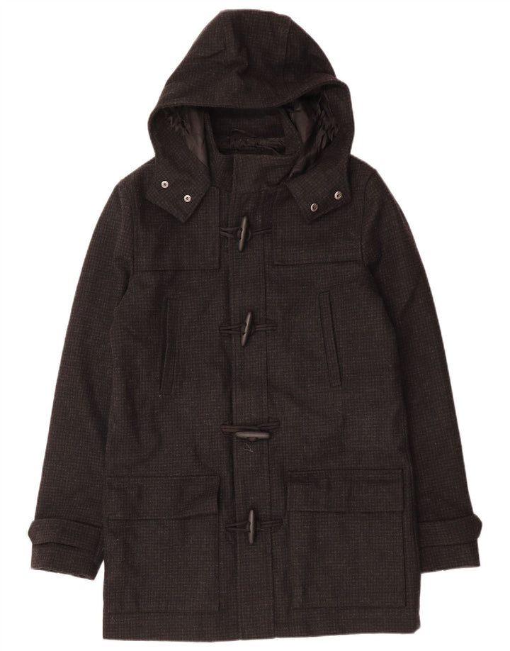 VINTAGE Mens Hooded Duffle Coat UK 38 Medium Black Houndstooth