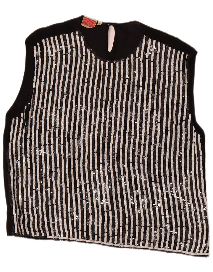 WITTY GIRL Womens Sleeveless Blouse Top UK 14 Medium Black Striped Viscose