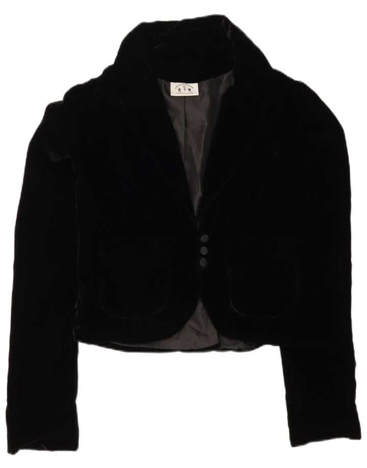 VINTAGE Womens 3 Button Velvet Blazer Jacket UK 12 Medium Black
